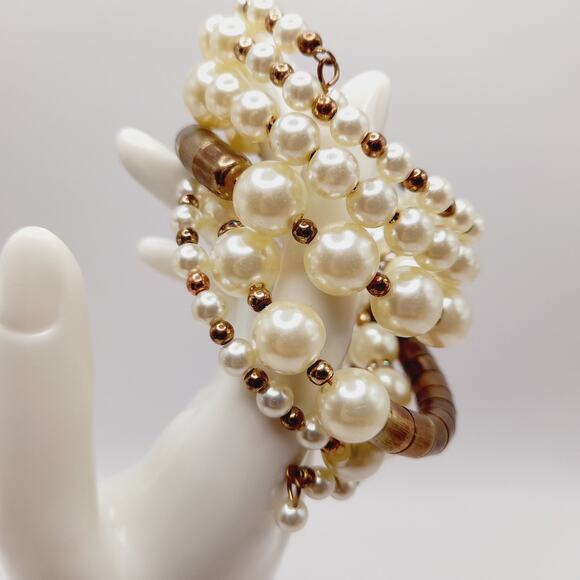 Vintage Memory Wire Faux Pearl Wide Brass Bead Bracelet, 44 Inches - Picture 6 of 10